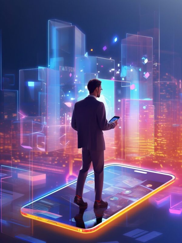 Business professional standing on a giant smartphone with holographic skyscrapers emerging, symbolizing the rise of digital economies, fintech innovation, and smart city integration in the GCC.